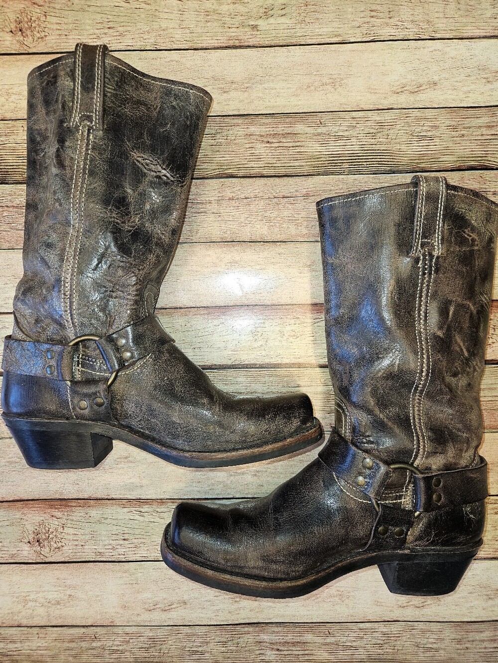 Frye Harness 15R boots are crafted from distressed brown leather